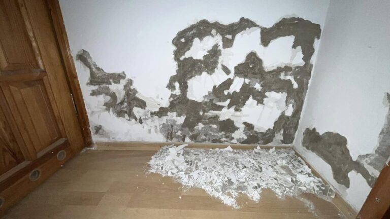 Odpadajacy mokry tynk przy podlodze po zalaniu - sciana przed osuszeniem i odgrzybieniem
