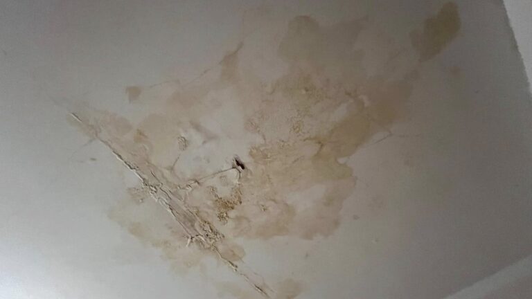 Zaciek i wykwity na scianie po zalaniu z gory przed osuszaniem
